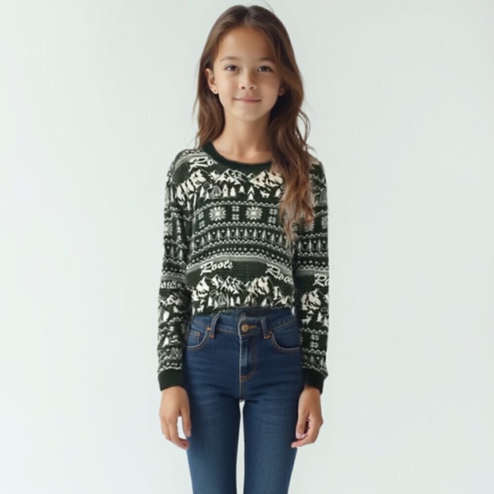 ❤️ Roots kids Green Patterned pyjama thermal top L